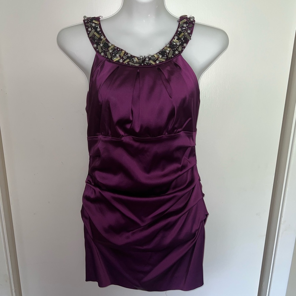SUZI CHIN, Beaded Neck Fuchsia Satin Cocktail Dress, Size 6